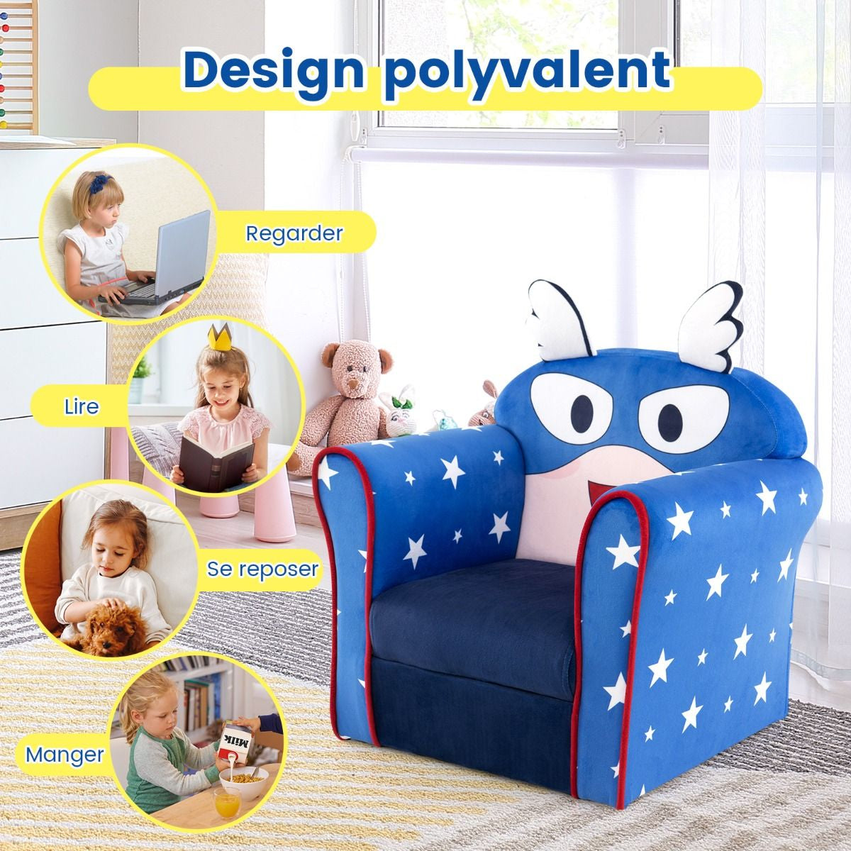 Fauteuil Bébé En Velours Cadre En Bois Patins Antidérapants Canapé Enfants 0-5 Ans Motif Aile